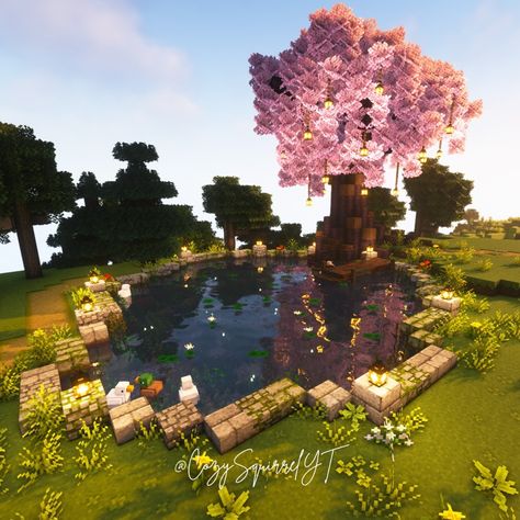 Minecraft Building Ideas Pond, Cherry Blossom Horse Stables Minecraft, Minecraft House Aesthetic Ideas, Minecraft Cherry Blossom Biome House Ideas, Minecraft Duck Pond, Minecraft Mine Decoration, Minecraft Cherry Blossom Pond, Cherry Blossom Builds Minecraft Ideas, Minecraft House Decoration Ideas