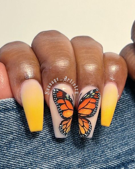 Orange Butterfly Nail Designs, Bright Butterfly Nails, Butterfly Design On Nails, Butterfly Art Nails, Butterfly Summer Nails, Painted Butterfly Nails, Monarch Butterfly Nails Acrylics, Half Butterfly Nail Art, Aesthetic Yellow Nails