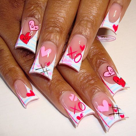 Vday Nails, Duck Nails, Hard Nails, Girly Acrylic, Diy Acrylic Nails, Blue Acrylic Nails, White Acrylic Nails, Colored Acrylic Nails, Nail Designs Valentines