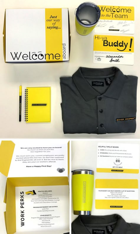 Introducing Boxer's New Hire Kit!  Our HR and Marketing teams have collaborated to create a welcome kit for our newest employees containing everything needed to survive their first day. A few things our new hires will find in the kit:  Welcome to the Team: Tips for their first day on the job  Work Perks: List of available benefits  Hi-ya Buddy: An assigned team member to show them the ropes  And a load of Boxer goodies!  It's our way of welcoming our newest team members to the Boxer family :) New Customer Welcome Kit, Welcome Kit Employee New Job, Welcome Box New Employee, Company Welcome Kit, Employee Onboarding Kit, New Hire Welcome Kit, Onboarding Package, Work Survival Kit, Welcome Kit Ideas