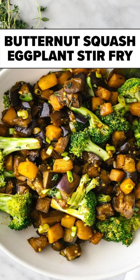 Butternut Squash and Eggplant Stir Fry Recipe Vegetarian Recipes With Butternut Squash, Butternut Squash Stir Fry Recipes, Stir Fry Butternut Squash, Eggplant Stir Fry Recipes, Eggplant And Squash Recipes, Butternut Squash Stir Fry, Fall Eggplant Recipes, Eggplant Squash Recipes, Butternut Squash And Zucchini Recipes