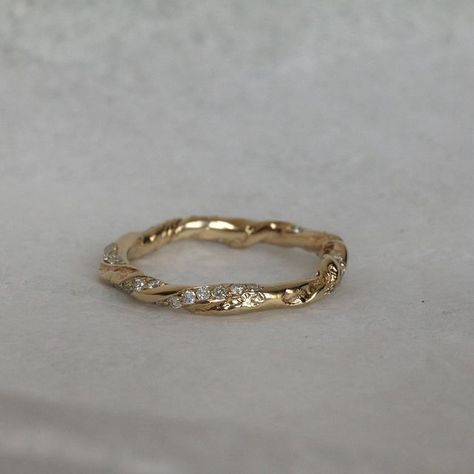 @aimosjewellery on Instagram: "Fine Molten Twist Ring - Solid 9ct gold, grain set with tiny white diamonds✨ Swipe to see a full 360! Inspired by the Fine Molten Twist Diamond Earrings. I’ve only made one of these rings in a size ‘N’. Not yet available online, DM for more details 💘💘💘 #handmadejewellery #londonjeweller #bespokejewellery #goldanddiamonds #madeinlondon #finejewellerydesigner #bespokefinejewellery #bridaljewellery" Simple Ring With Stone, Embedded Diamond Ring, Only Gold Ring, Pretty Rings Simple, Molten Ring, Twisted Ring, Future Engagement Rings, Carved Ring, Gold Ring Designs