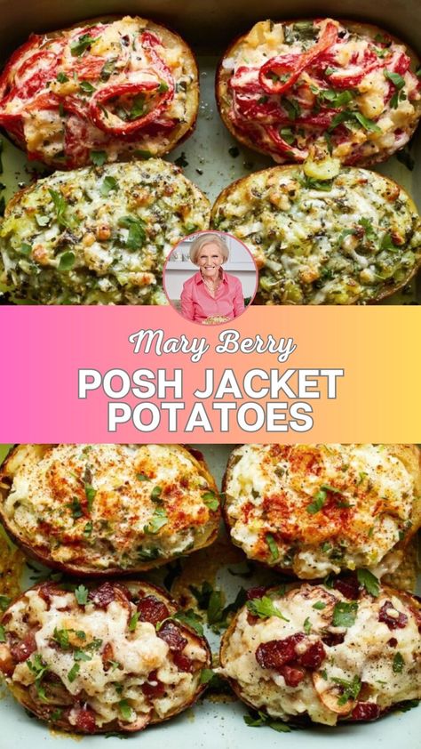 Mary Berry Posh Jacket Potatoes Vegetarian Jacket Potato Fillings, English Jacket Baked Potatoes, Jacket Potatoes Fillings, Jacket Potato Recipes, Jacket Potato Fillings, Jacket Potato Recipe, Mary Berry Recipes, Jacket Potatoes, Mary Berry Recipe