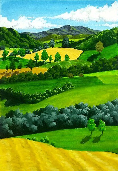 Landscape with mountains and rolling hills painted in gouache Classical Art Landscape, Hill Drawing Landscape, Hill Landscape Painting, Hills Drawing, Rolling Hills Painting, Painting Hills, Farm Landscape Painting, Rolling Hills Landscape, Hills Painting