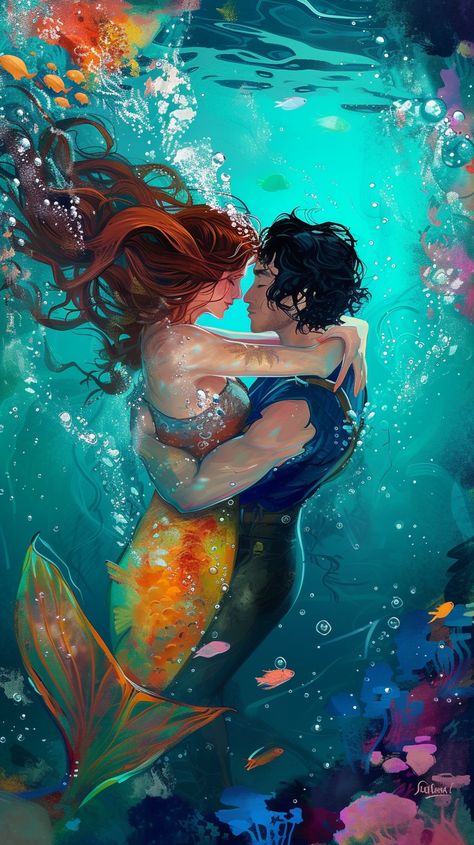 In the depth of the sapphire ocean, a mermaid and a merman's eyes met beautifully in a Twin Flame painting. It captured their quiet, underwater romance, charged with intensity and unspoken promises. Tails gracefully entwined, they moved in harmony, their connection palpable. Each brushstroke revealed passion, secrets, and a love story birthing amidst the marine spectacle. Mermaid Love Art, Twin Flame Painting, Mermaid Couple, Mermaid Romance, Satya Yuga, Flame Painting, Mermaids Kissing, Art Person, Twin Flame Journey