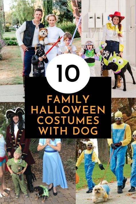 Get 10 super easy and fun family Halloween costume ideas you can choose for Halloween 2021 that incorporate a fun costume for your dog too. Couples Costume With Dog Halloween, Harry Potter Family Costumes With Dog, Cute Halloween Costumes With Your Dog, Costume Ideas With Your Dog, Cousin It Dog Costume, Puppy And Me Halloween Costumes, Dog Family Costume Ideas, Halloween Costumes 2 People 2 Dogs, Costume Ideas For Couples And Dog