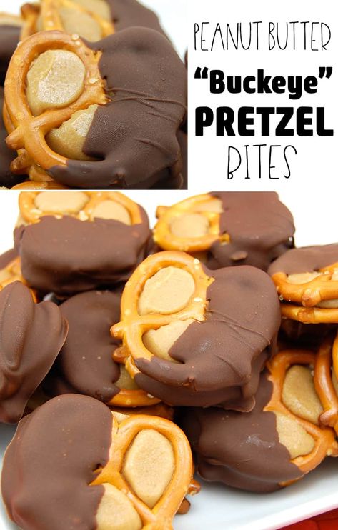 Peanut Butter Pretzel Chocolate, Pretzel Bites Chocolate, Pretzel And Peanut Butter Snack, Pretzel Buckeye Bites, Buckeyes Peanut Butter Pretzel Bites, Peanut Pretzel Bites, Pretzel Peanut Butter Bites, Buckeye Bites Recipe, New Orleans Candy