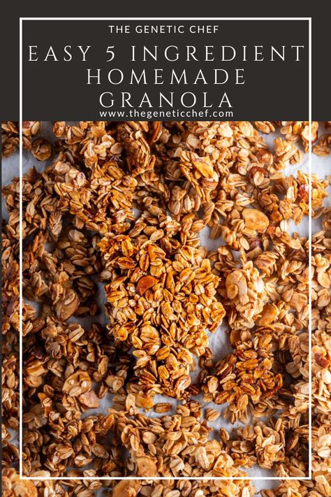 Crunchy, nutty, and slightly sweet, my Easy Homemade Granola is a simple basic granola recipe that takes only minutes to prepare and makes a fantastic breakfast or anytime snack. #granola #breakfast #healthysnack #easyrecipe #glutenfree l @thegeneticchef Crunchy Granola Recipe Healthy, Basic Granola, First Watch Granola Recipe, Quick Granola, Granola Snacks Healthy, Homemade Cinnamon Granola, Granola Chunks Recipe, Granola Without Nuts Recipe, Granola Recipe Without Coconut Oil