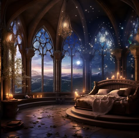 Tower Bedroom Castle, Observatory Bedroom, Tower Bedroom, Fantasy Places Art, Royal Room, Dreamscape Architecture, Castle Bedroom, Medieval Tower, Fantasy Bedroom