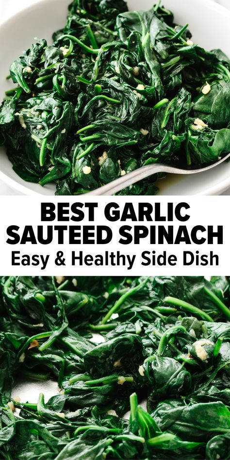 Garlic sauteed spinach in a pan. Sautéed Spinach With Garlic, Sauted Spinach Recipes, Steam Spinach, Cooked Spinach Recipes, Spinach Recipes Side, Downshiftology Recipes, Frozen Spinach Recipes, Easy Spinach Recipes, Fresh Spinach Recipes