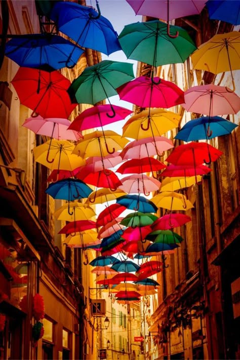 Umbrella sky - Avignon - France Umbrella Street, Food Art Photography, Colorful Umbrellas, Umbrella Art, Beautiful Streets, Town Street, Flower Phone Wallpaper, City Architecture, Avignon