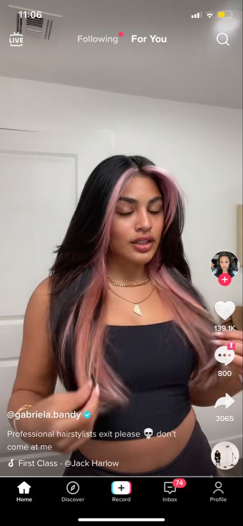 Front Hair Color Streaks For Black Hair, Black With Pink Tips Hair, Pink Underdye Hair Black, Black With Pink Money Piece, Black Hair With Pink Halo, Front Piece Dyed Hair, Black Hair With Rose Gold Money Piece, Halo Pink Hair, Brown Hair With Colour Underneath