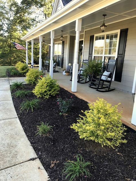 IMG_2147 New Landscaping Ideas, Simple Landscaping Ranch House, Flower Bed Between House And Sidewalk, Front Porch Mulch Ideas, Small House Landscape Front Yard, Front Of Yard Landscape Ideas, Front Porch Shrubs Curb Appeal, Georgia Front Yard Landscaping, From Yard Landscaping Ideas