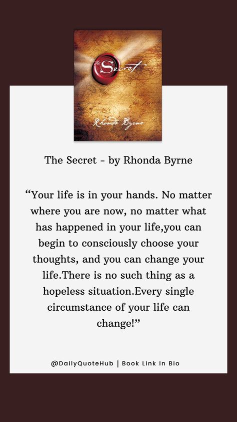 "The Secret" by Rhonda Byrne teaches the law of attraction: positive thinking attracts positive outcomes. Key concepts include visualization, gratitude, affirmations, belief, and action. #quotes #dailyquotes #quoteshub  #TheSecret #LawOfAttraction #PositiveThinking #Visualization #Gratitude #Affirmations #Belief #SelfHelp The Secret By Rhonda Byrne, Rhonda Byrne Books, The Secret Rhonda Byrne, Rich Quotes, Action Quotes, Vision Book, Empowering Books, Rhonda Byrne, Gratitude Affirmations