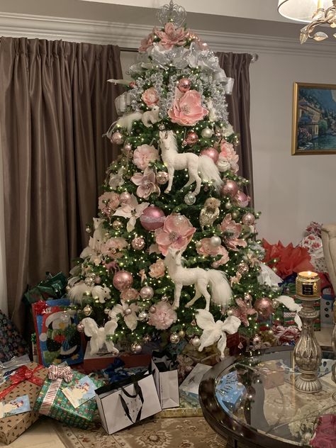 Pink Unicorn Christmas Tree, Unicorn Christmas Tree, White Unicorn, Elegant Christmas Trees, Pink Unicorn, Elegant Christmas, Pink Silk, Xmas Tree, Silk Flowers