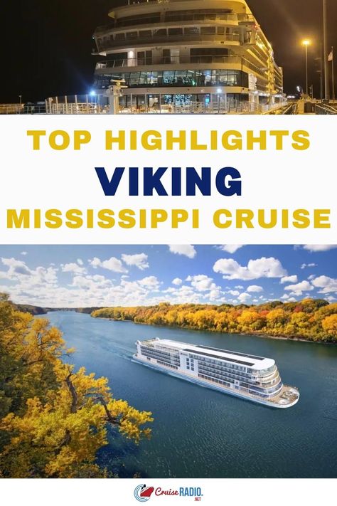 A luxury Viking cruise ship sailing along the scenic Mississippi River with autumn foliage lining the shores. Riverboat Cruise, Viking River Cruise, Top Highlights, Viking Cruises Rivers, Cruise Destinations, River Cruise, Luxury Cruise, Cruise Line, River Boat