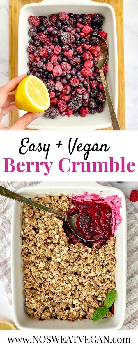 If you're a fan of easy desserts that taste delicious and require little prep work, then this Vegan Berry Crumble is for you! This dessert uses frozen berries and a simple, oil-free oatmeal crumble. Pop it in the oven to bake for 35 minutes, and that's it! Serve with a scoop of vegan ice cream, banana nice cream, or plant-based yogurt and you've got a crowd-pleasing vegan dessert that everyone will love! Sunday Desserts, Fruit Crumble Recipe, Ice Cream Banana, Vegan Crumble, Sunday Dessert, Oat Crumble Topping, Oatmeal Crumble, Tea And Biscuits, Banana Nice Cream