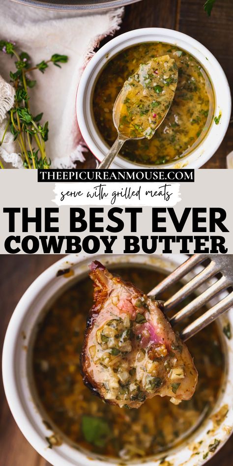 If you are looking for a dynamite steak dipping sauce, then you need to try my cowboy butter recipe. This garlic infused butter is loaded with shallots, lots of fresh herbs, lemon juice, dijon mustard and Worcestershire sauce. Cowboy Garlic Butter Sauce, Cowboy Steak Sauce Recipe, Steak Sandwich Dipping Sauce, Steak And Shallots, Mexican Garlic Butter Sauce, Smoked Cowboy Butter, Stake Butter Sauce, Steak Hollandaise Sauce, Burblonc Sauce Recipe