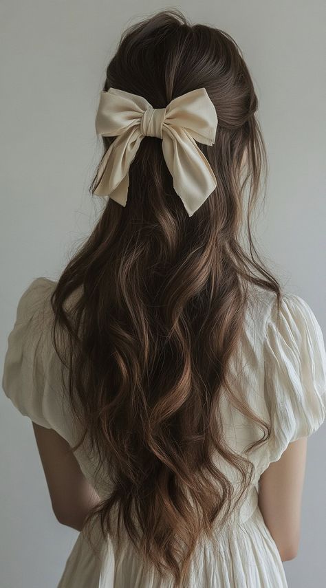 25 Best Bow Hairstyles: Chic and Creative Ideas to Elevate Your Look | LooksNiceOnMe Cute Hairstyles Photo, Half Up Hair Bow Hairstyle, Ribbon Bow For Hair, Velvet Bow Hairstyle, Wedding Hair With A Bow, Bows On Hair, Aesthetic Bow Hairstyle, Bow Barrette Hairstyle, Ribbon Half Up Half Down