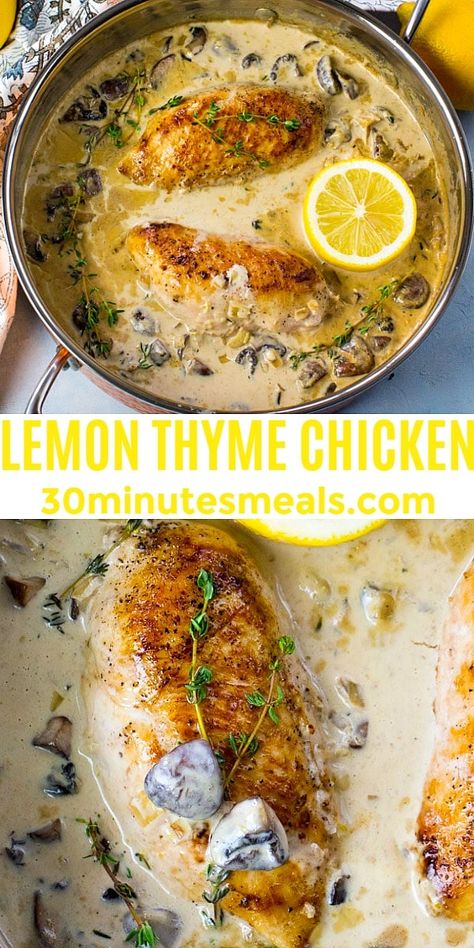 Chicken Recipes With Fresh Thyme, Lemon Braised Chicken, Recipes That Use Thyme, Creamy Thyme Chicken, Lemon Thyme Pasta, Baked Chicken With Lemon And Herbs, Honey Thyme Chicken, Chicken And Thyme Recipes, Lemon And Thyme Chicken