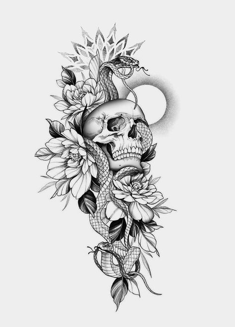 Pretty Skull Tattoos, Floral Skull Tattoos, Skull Thigh Tattoos, Skull Tattoo Flowers, Feminine Skull Tattoos, Skull Rose Tattoos, Hip Thigh Tattoos, Skull Sleeve Tattoos, Snake Tattoo Design