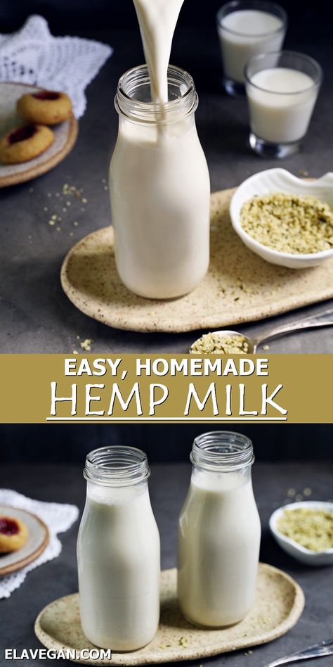 How to make hemp milk with just 4 ingredients (2 of those are optional) and in several minutes. The result is a creamy, protein-dense, highly nutritional, plant-based milk alternative! Hemp Milk Benefits, Hemp Milk Recipes, Nut Milk Recipe, Hemp Seed Milk, Homemade Nut Milk, Vegan Drinks Recipes, Oat Milk Recipe, Milk Benefits, Hemp Milk