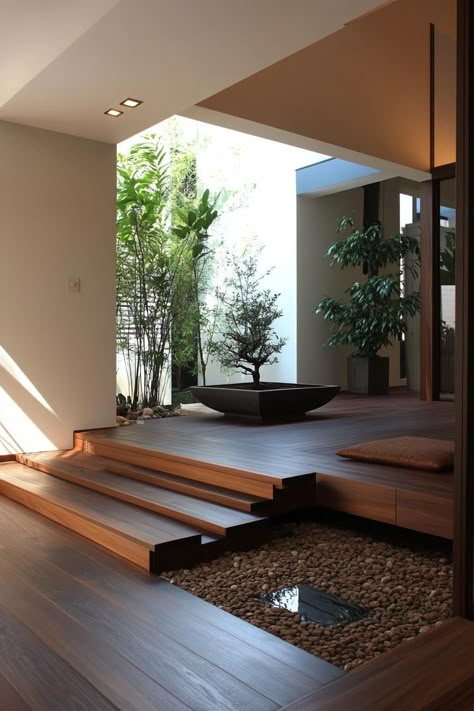 Japanese Zen House Design, Modern Nature Interior Design, Japanese Style Patio, Japanese Home Style, Japan House Modern Japanese Style Interior Design, Modern Japandi House, Zen Modern House, Zen House Exterior, Japanese House Design Modern