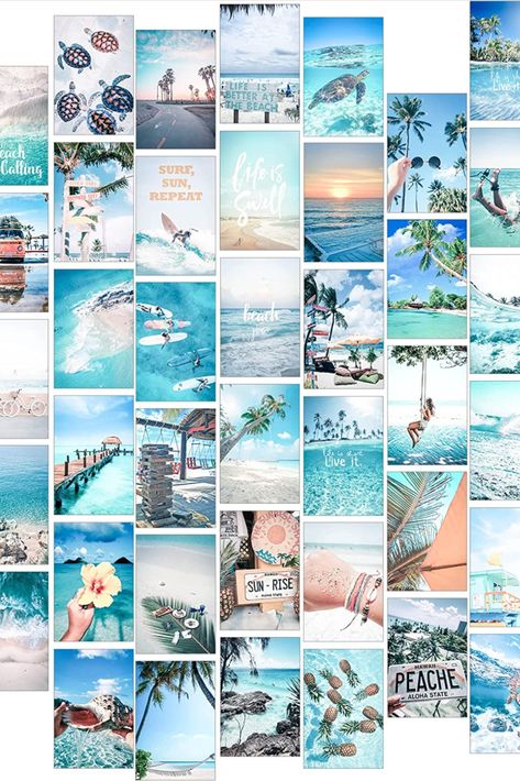 Room Collage Wall Aesthetic Pictures Beach, Surf Room Ideas Aesthetic, Room Decor Ideas Beachy, Teen Beach Theme Bedroom, Beach Theme Bedroom For Teens, Surfer Girl Room Decor, Blue Photo Wall Collage, Blue Photo Wall, Beach Bedroom Aesthetic