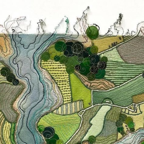 Kate Tarling on Instagram: "Salcombe, 44cm x26cm paint and freehand embroidery on canvas.  #textileart #stitchedart #embroideryart #embroideredmap #mapart #landscapeart #freehandmachineembroidery #embroiderersofinstagram #maps #salcombe #salcombeestuary #katetarlingtextiles #bristolartist" Map Textiles, Ap Painting, Maps Textiles, Kate Tarling, Landmarks Textiles, Aerial Embroidery, Textile Map, Scale Embroidery, Map Art Illustration