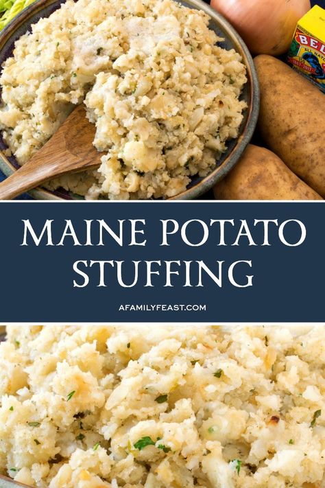 Part stuffing, part mashed potatoes – this Maine Potato Stuffing is a must-make side dish for the holidays! Stuffing With Potatoes And Bread, New England Side Dishes, Potato Stuffing Recipes Thanksgiving, Potatoe Stuffing, Potato Stuffing Recipes, Stuffing Cakes, Mashed Potato Stuffing, Amish Potato Stuffing, Food Dressing