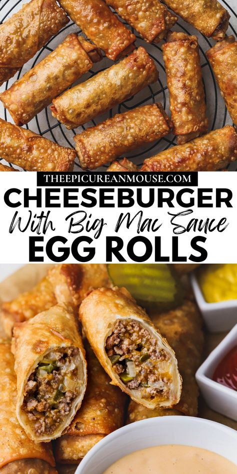 This cheeseburger egg roll recipe has all the beefy and cheesy goodness found in your traditional burger. Each egg roll wrapper is filled with a delicious cheeseburger filling, fried until crispy and served with a creamy Big Mac sauce. Different Dinner Ideas Ground Beef, Bacon Cheese Burger Egg Rolls, Cheeseburger Egg Roll Recipes, Unique Eggroll Recipe, Diy Fast Food Recipes, Best Takeout Food, Cooked Lunch Ideas, Recipes That Use Egg Roll Wrappers, Big Mac Wontons