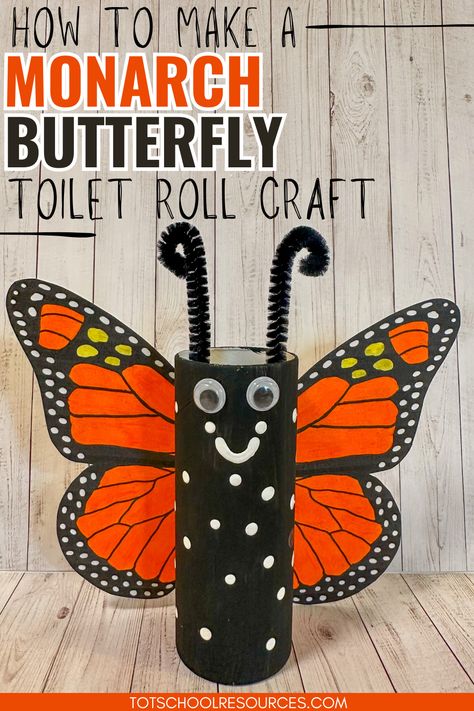 Use a toilet paper roll and some paper butterfly wings to make this beautiful monarch butterfly craft for kids. Toilet Paper Roll Butterflies, Monarch Butterfly Craft Preschool, Butterfly Model School Project, Monarch Butterfly Craft, Butterfly Crafts For Kids, Butterfly Crafts Preschool, Paper Butterfly Crafts, How To Make Butterfly, Roll Craft