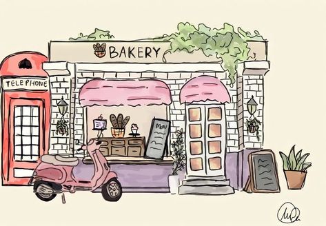 Cute Bakery Drawing, Cute Cafe Drawing, Bakery Drawing, Little Drawings, Architecture Drawing Art, 수채화 그림, Vintage Poster Art, Cute Little Drawings, Oui Oui