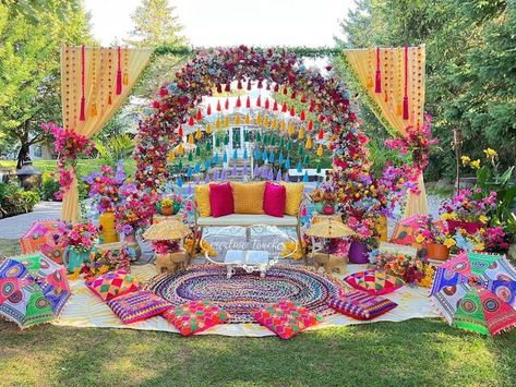 Rainbow Theme Wedding, Mehndi Stage Decor, Mehndi Decoration Ideas, Haldi Ceremony Decorations, Indian Wedding Theme, Wedding Mehendi, Mehendi Decor Ideas, Mehendi Ceremony, Wedding Decor Photos