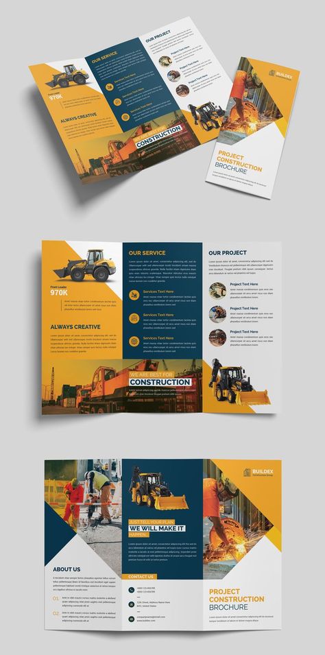 This Construction Trifold Brochure Template is for your business purpose or other sectors. All elements are well organized, so you can easily import your information. 6 Page Brochure Design, Best Trifold Brochure Design, Sophisticated Brochure Design, Business Brochure Design Templates, Business Trifold Brochure, Brochures Design Ideas, Trifold Brochure Design Layout Creative, Broshour Design, Brochure Layout Ideas