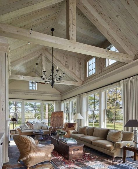 Sunroom Designs, Sunrooms, Vaulted Ceilings, Cathedral Ceiling, Farmhouse Living, Casas De Ensueño, Barndominium, Lamps Living Room, Barn House