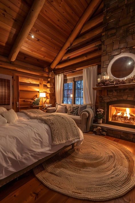 Cabin Style Ranch Home, Winter Lodge Bedroom, Dream Home Cabin, Modern Chalet Bedroom, Cute Cabin Decor, Mountain Room Ideas, Luxury Cabin Aesthetic, Pretty Home Interior, Dream House Cabin