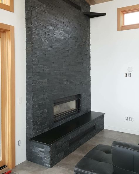 Fireplace Stones, Fireplace Veneer, Paneled Fireplace, Stone Veneer Fireplace, Stone Accent Walls, Stone Fireplaces, Veneer Panels, Dark Decor, Fireplace Remodel