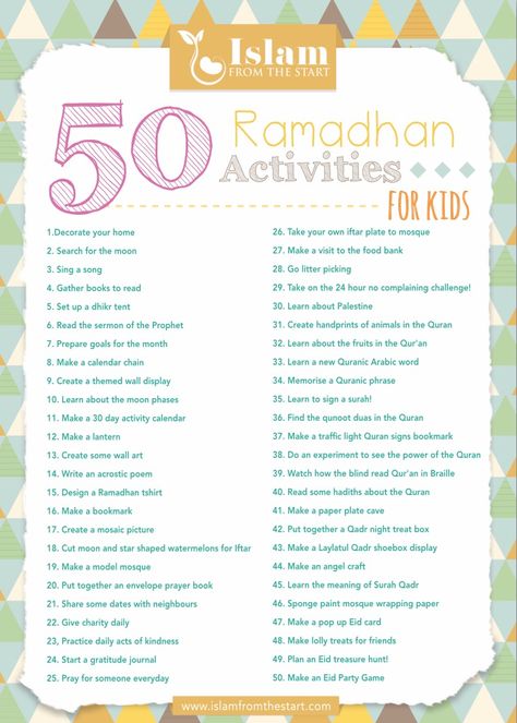 50 Ramadhan Activity Ideas Poster | Islam From the Start Ramadan Printables, Ramadan Quran, Ramadan Tips, Muslim Kids Activities, Ramadan Celebration, Islamic Kids Activities, Islam Ramadan, Ramadan Kids, Ramadan Kareem Decoration