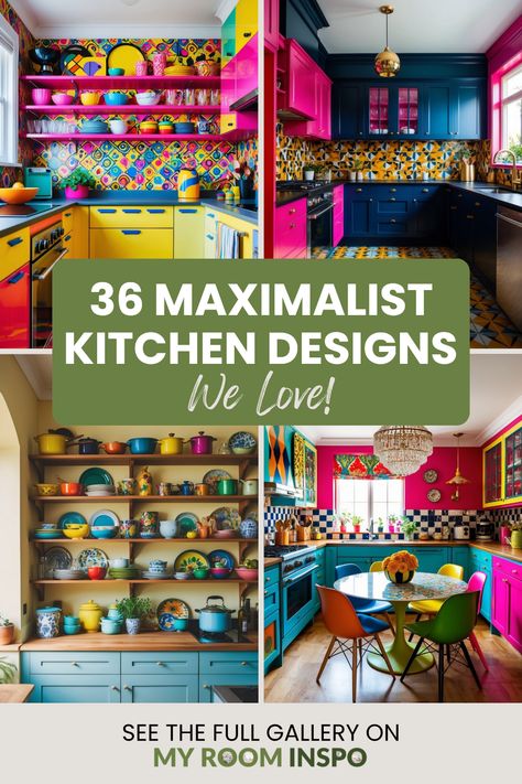 Explore 36 unique and bold maximalist kitchen designs through 4 captivating images that highlight vibrant colors and eclectic decor, perfect for inspiring your renovation journey. Maximalist Kitchen Cabinets, Maximalist Kitchen Decor, Maximalist Decor Kitchen, Maximalist Kitchen Ideas, Funky Kitchen Ideas, Maximalist Kitchen Design, Maximalist Kitchen, Petite Kitchen, Vibrant Kitchen