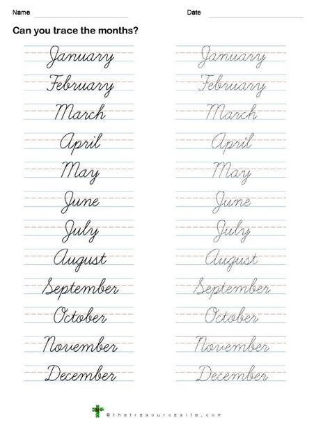 Cursive Months Of The Year, English Cursive Writing Worksheets, Cursive Words Practice, Cursive Handwriting Practice Sentences, Cursive Sheet, Cursive Practice Sheets Free Printable, Months In Cursive, Cursive Worksheets Printables Free, Cursive Months