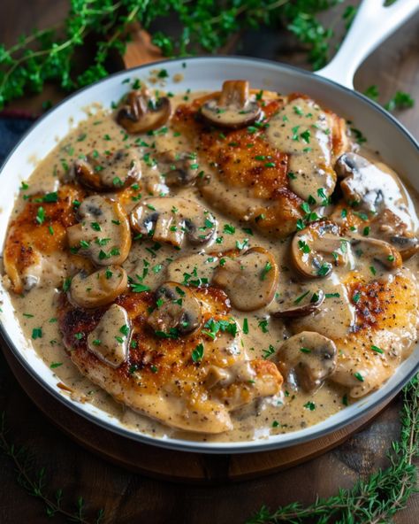 asmae8888__Close-up_Shot_Top_view__EMOTION_Tempting_I_SCENE_Chi_fedbc699-921d-4486-a333-910c1839852e Skillet Chicken With Mushroom Gravy, Chicken Recipes Mustard, Chicken Mustard Recipes, Chicken Breast Skillet Recipes, Creamy Asiago Chicken, Chicken And Mushroom Skillet, Mushroom Skillet, Lobster Cream Sauce, Lean Protein Meals