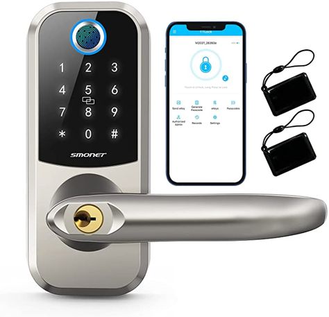 [2021 Newest]Smart Lock SMONET 5-in-1 Keyless Entry Fingerprint Door Lock, Bluetooth Lock with Reversible Handle, Work with Alexa (Need Extra Gateway),eKey,IC Card,App Auto Lock for Home,Hotel, Office - - Amazon.com Smart Lock Front Door, Smart Lock Door, Security House, Biometric Door Lock, Keypad Door Locks, Door Solutions, Keyless Door Lock, Best Home Security System, Three Season Porch