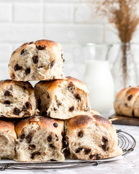 Hot Cross Buns Recipe Chocolate Chip, Hot Cross Bun Photography, Chocolate Chip Hot Cross Buns, Hot Cross Buns Flavours, Hot Cross Buns Photography, Spring Bakes, Sweet Yeast Dough, Chocolate Hot Cross Buns, Food Startup