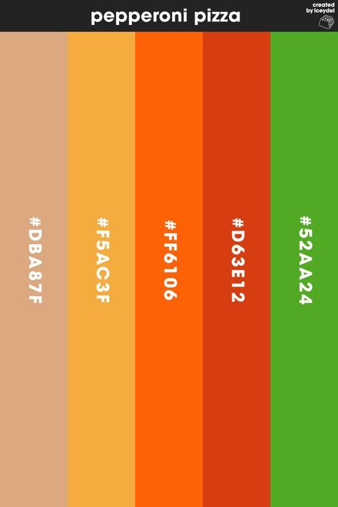 Pepperoni Pizza inspired colour palette. Providing valuable a colour palette which can be used to colour different designs, whether that be logos, illustrations or related branded content. (Created by Iceydel - Graphic Designer & Illustrator) Sandwich Color Palette, Colour Palette For Food Brand, Pizza Colour Palette, Pasta Color Palette, Food Color Scheme, Color Palette For Food Brand, Food Logo Color Palette, Pizza Color Palette, Fast Food Color Palette