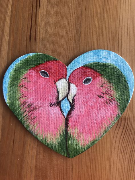 “Lovebirds” painting on heart shaped canvas board. $15. Valentine Heart Canvas Painting Ideas, Small Heart Canvas Paintings, Mini Heart Canvas Painting, Acrylic Painting Hearts Canvases, Heart Shaped Painting Ideas, Painting On Heart Shaped Canvas, Wood Heart Painting Ideas, Painting Hearts On Canvas, Heart Shape Canvas Painting