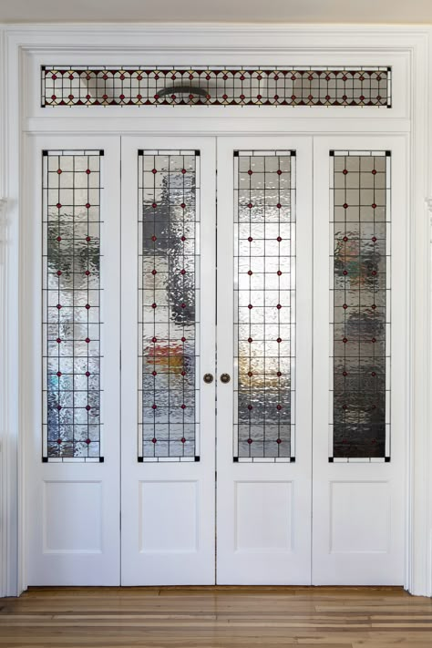 Stained Glass Office Doors, Glass Window Art Front Door, Cottage Glass Doors, Glass Doors Between Rooms, Stain Glass Interior Doors, Stained Glass Over Door, Stained Glass Folding Doors, Glass Door To Office, Stained Glass Door Vintage