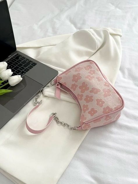 Aesthetic Bags Handbags, Cute Shoulder Bags, Shein Bags, Aesthetic Bag, Embroidered Shoulder Bag, Pink Shoulder Bags, Baguette Necklace, Pink Bags, My Style Bags