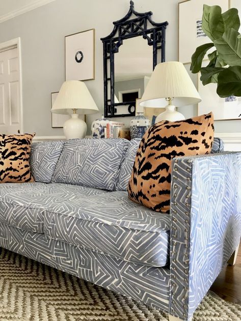 I Bought a Patterned Sofa. . . - Emily A. Clark Patterened Sofas, Printed Sofa Designs, Blue Patterned Sofa, Patterened Sofa, Patterned Couch Living Room, Patterned Sofa Living Room, Patterned Sectional, Patterned Sofas, Pattern Sofa Living Room