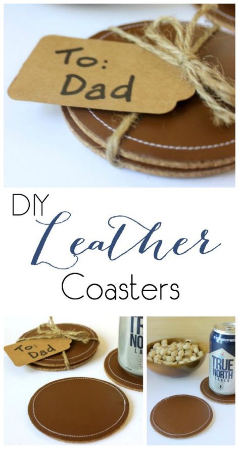 DIY Leather Coasters {video tutorial}. Use leather or vinyl to make these simple DIY gifts for men. Perfect for Father's Day! Sewing Projects For Men, Diy Leather Gifts, Sewing Gifts For Men, Simple Diy Gifts, Men Handmade Gifts, Diy Coasters Tile, Diy En Cuir, Diy Gifts For Men, Home Decor Tips And Tricks